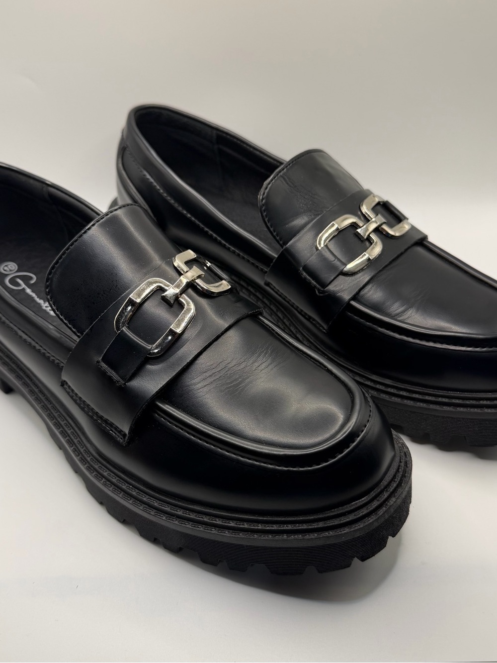 Women's Black Faux Leather Lug Sole Loafers with Silver Bit - Picture 2 of 9